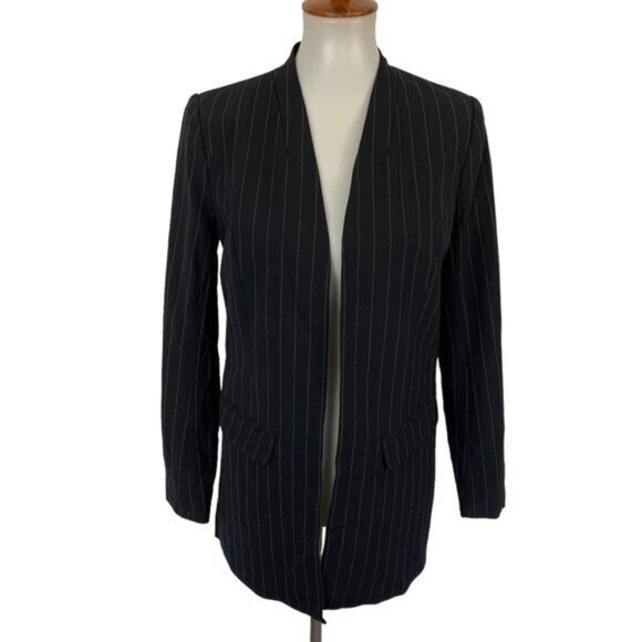 Halogen XS Black Pinstripe Open Front Longline Blazer Jacket Workwear Chic - Picture 2 of 6